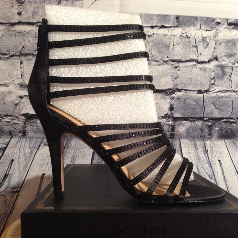 Le Soir Briller Strappy Black Satin Heels 8.5M